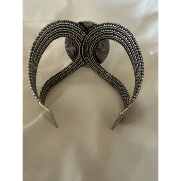 Turquoise Colored Dyed Stone WIDE Statement CUFF Bracelet Silver Tone Art Deco - Picture 4 of 7